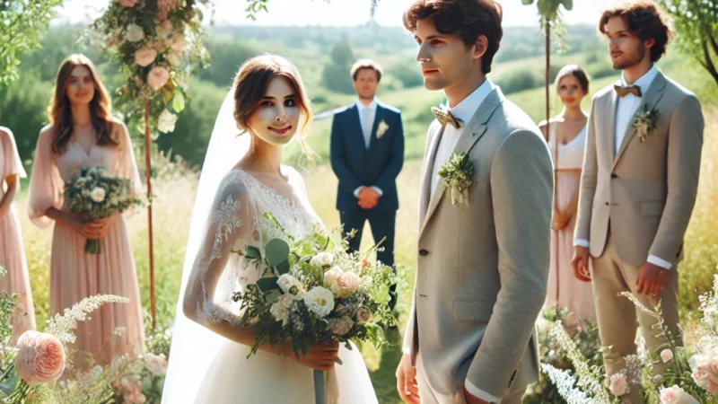 dall·e 2024 12 29 20.46.43 a serene wedding scene featuring a bride and groom standing under a beautifully decorated floral arch. the setting is outdoors during a sunny day, wit