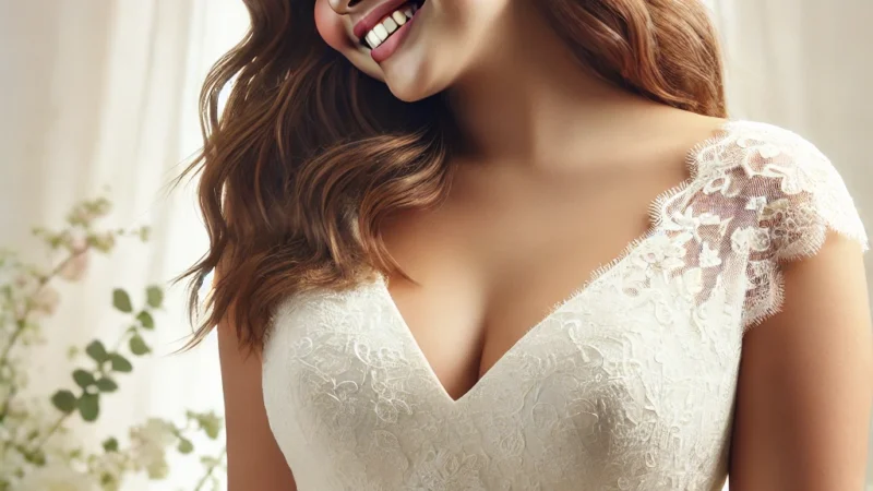 dall·e 2025 01 03 15.30.09 a beautiful plus size bride wearing an elegant a line wedding dress with a v neckline, a flowing skirt, and delicate lace details. the bride has a rad